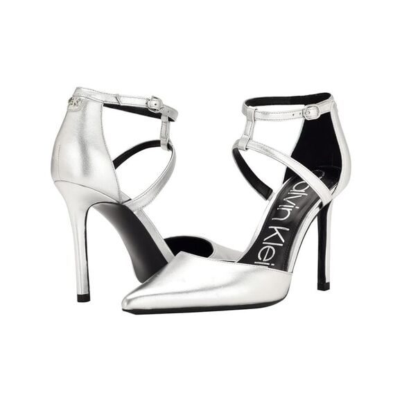 CALVIN KLEIN Womens Silver Dentel Pointed Toe Stiletto Leather Pumps Shoes 9.5 M